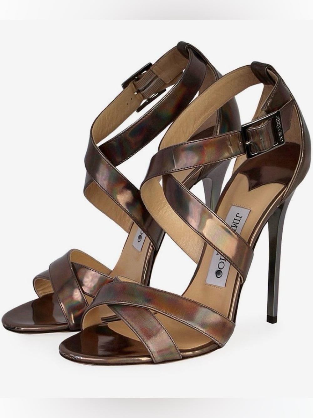 NWOT Jimmy Choo Lottie Iridescent Patent Leather Holographic Strappy Heels